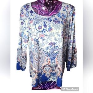 XL White and Blue Paisley Bell Sleeve Croft & Barrow Top